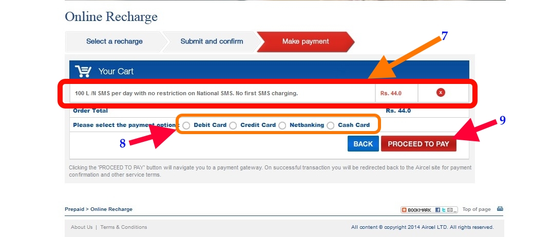 Aircel Online recharge payment