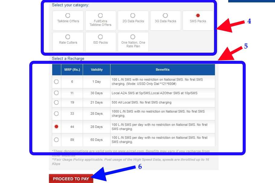 select recharge aircel online recharge